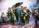 Korea: North Korean (DPRK) propaganda poster showing Great Leader Comrade Kim Il Sung striding through the rain accompanied by admiring DPRK soldiers